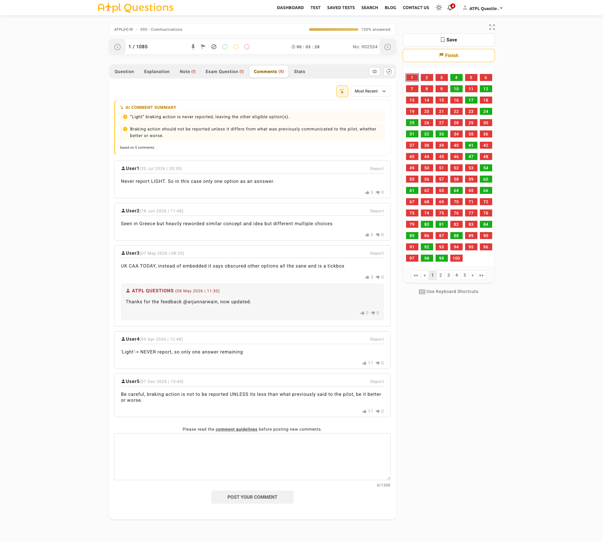 Comments screen of the ATPL Questions student platform