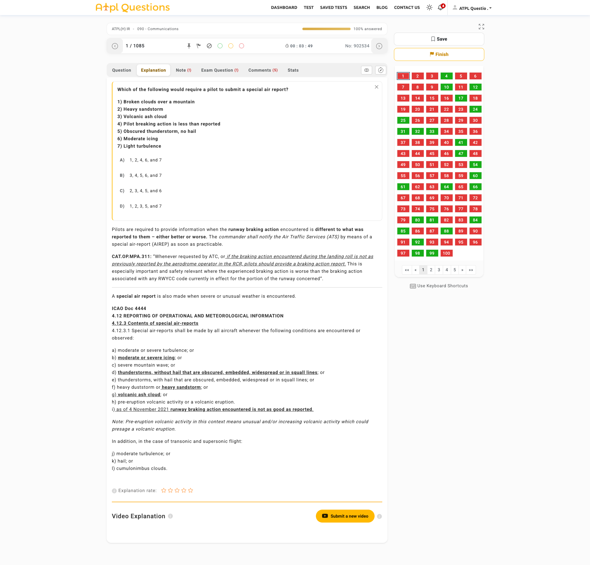 Explanation screen of the ATPL Questions student platform