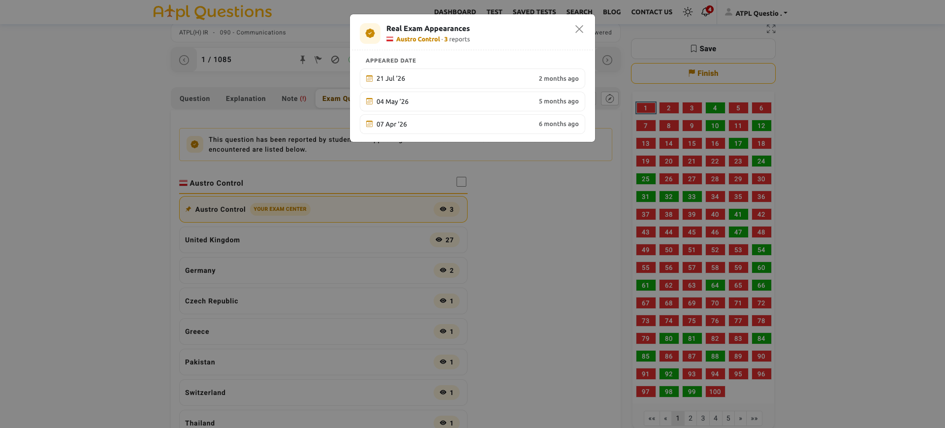 Real exam tab screen of the ATPL Questions student platform