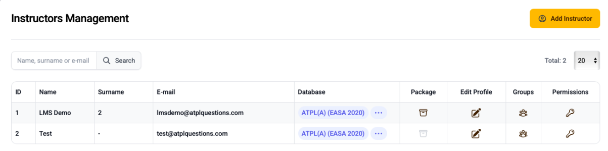 Instructors screen of the ATPL Questions LMS